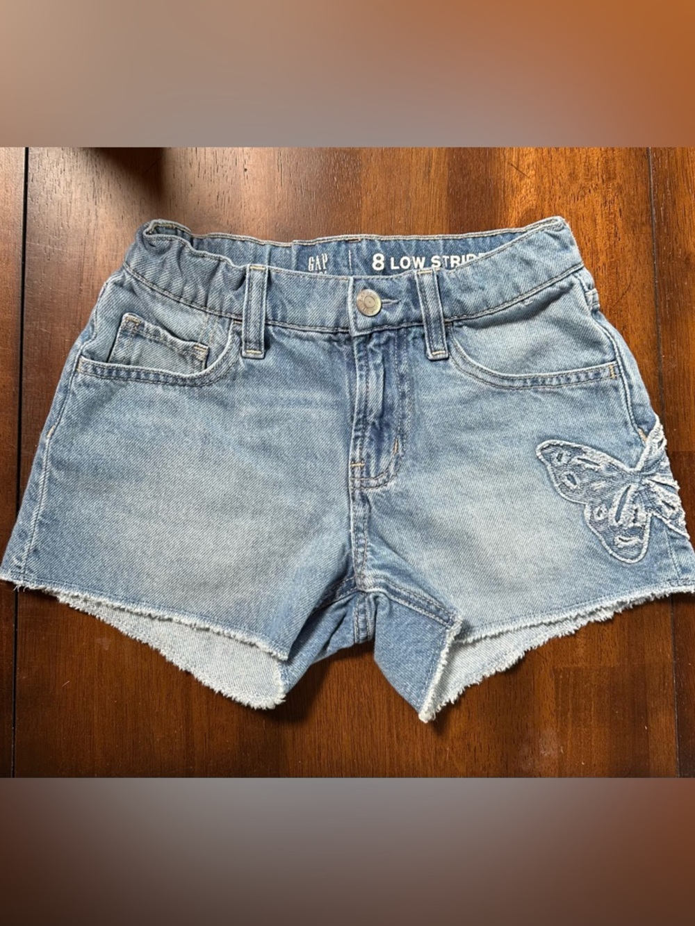 GAP Girls Denim Shorts, Size 8, Low Stride, Butterfly Detail